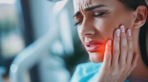 Woman clutching her jaw in pain.